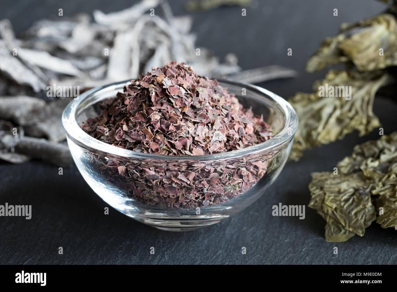 Dulse flakes in a glass bowl, with sea lettuce and other seaweed in the background Stock Photo