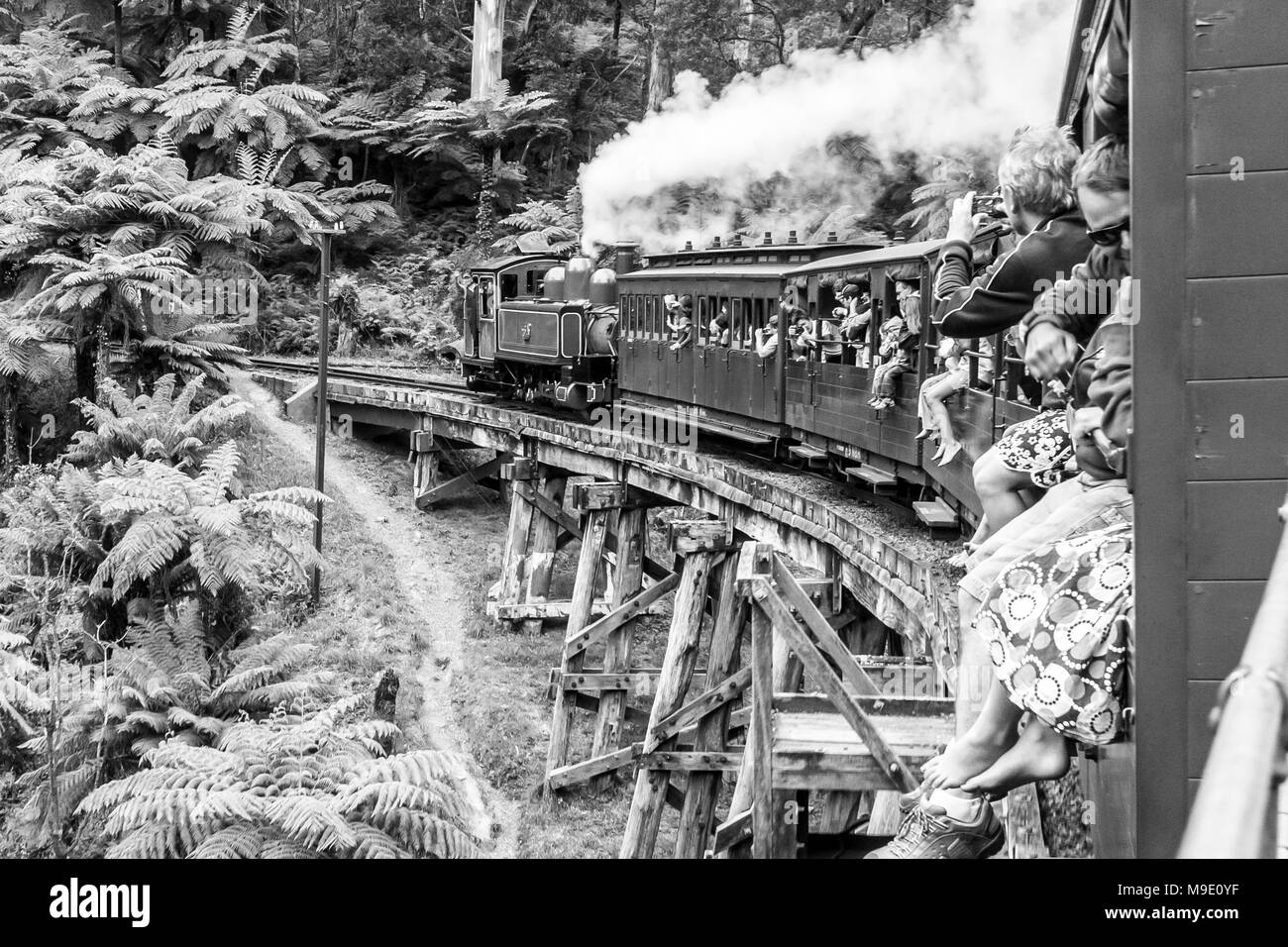Melbourne, Australia. Puffing Billy steam train with passengers. Historical narrow railway in the Dandenong Ranges near Melbourne. Stock Photo