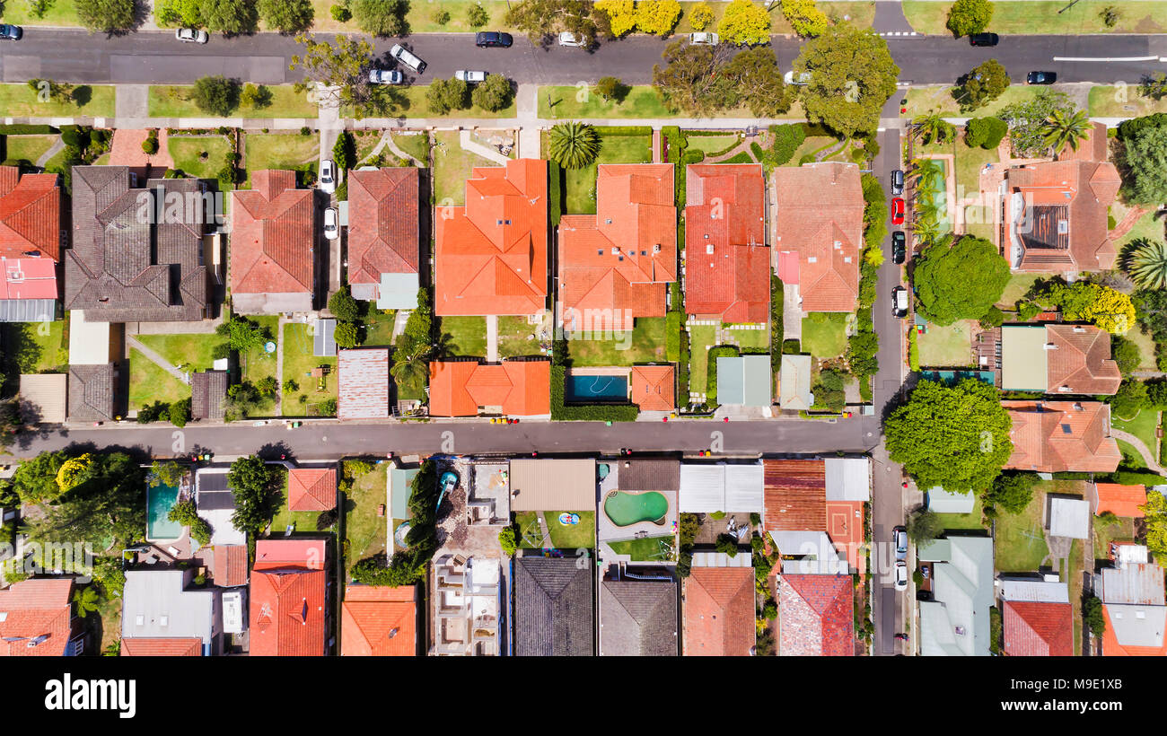 Fine geometry of modern local living suburb of Chatswood in Sydney's North Shore in aerial overhead view over house roofs, back yards, pools and parke Stock Photo