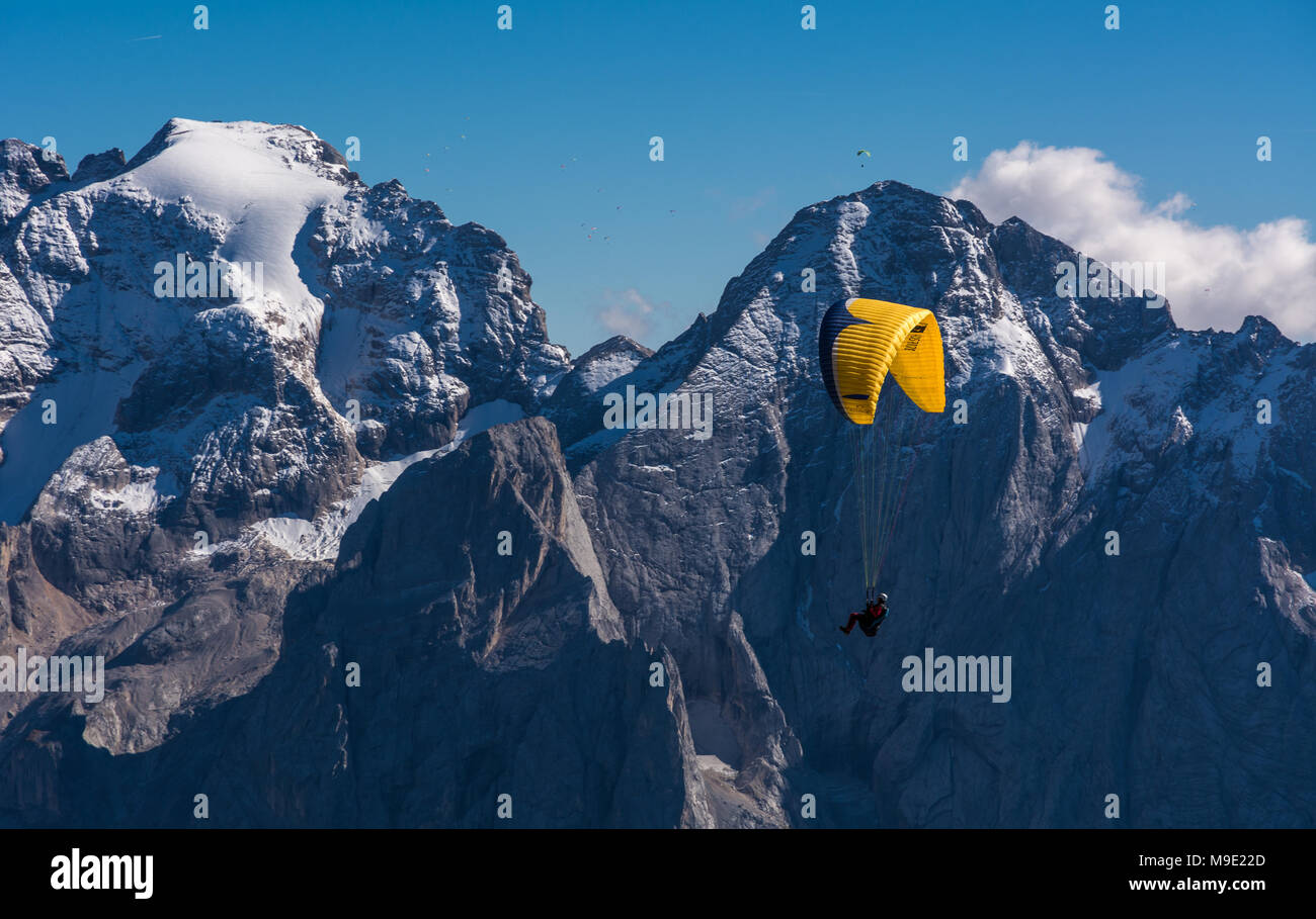 Paragliders, paragliding above Sella group, Sella Towers and Piz Boe, Dolomite, Val di Fassa, Trentino Province, Italy Stock Photo