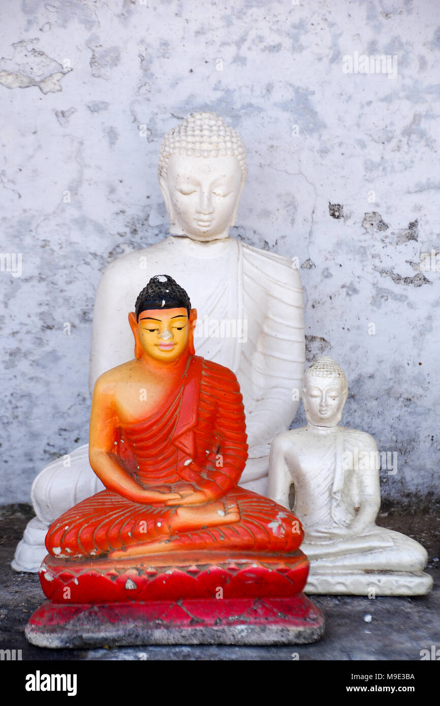 Different gypsum statuettes of Buddha in a dilapidated small roadside shrine in Sri Lanka Stock Photo