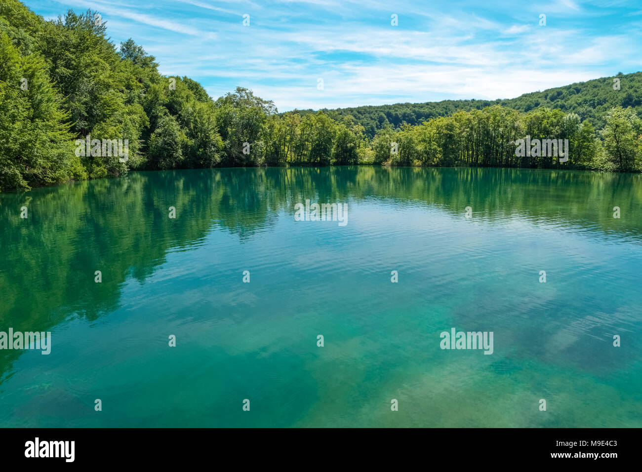 Plitvice Lakes National Park, Croatia, Europe. Natural park. Scenic nature. Lake with turquoise water. View of Plitvicka Jezera. Natural scenery. Adve Stock Photo
