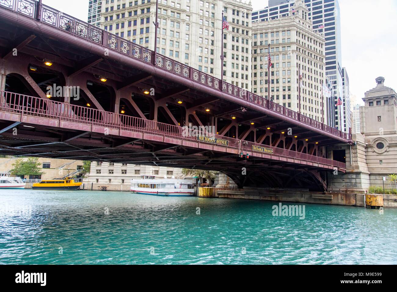 Chicago downtown and the Michigan Avenue Bridge (officially DuSable Bridge) Stock Photo