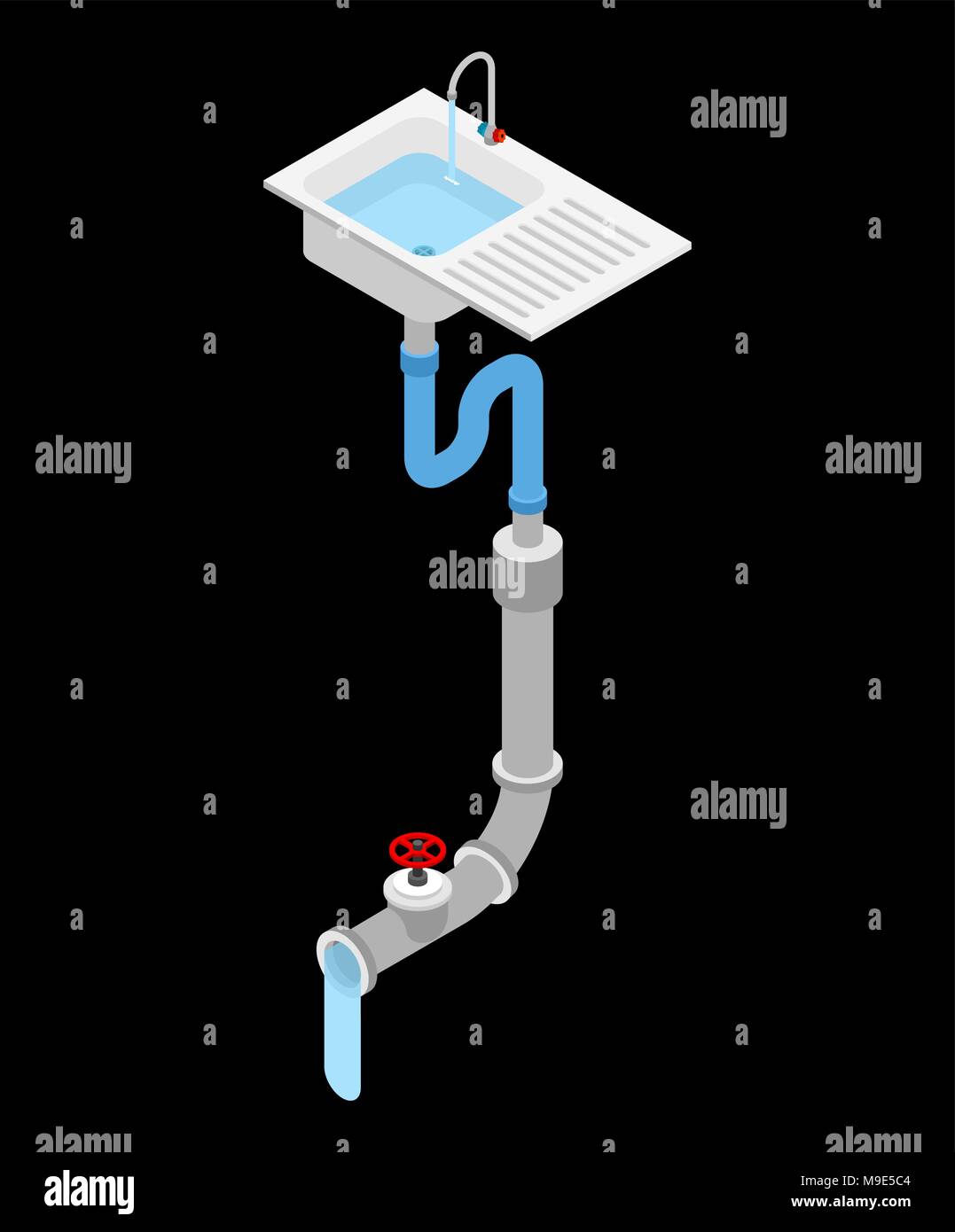 Kitchen sink isometry isolated. Water pipes. Pipe for water removal. Sewerage Stock Vector