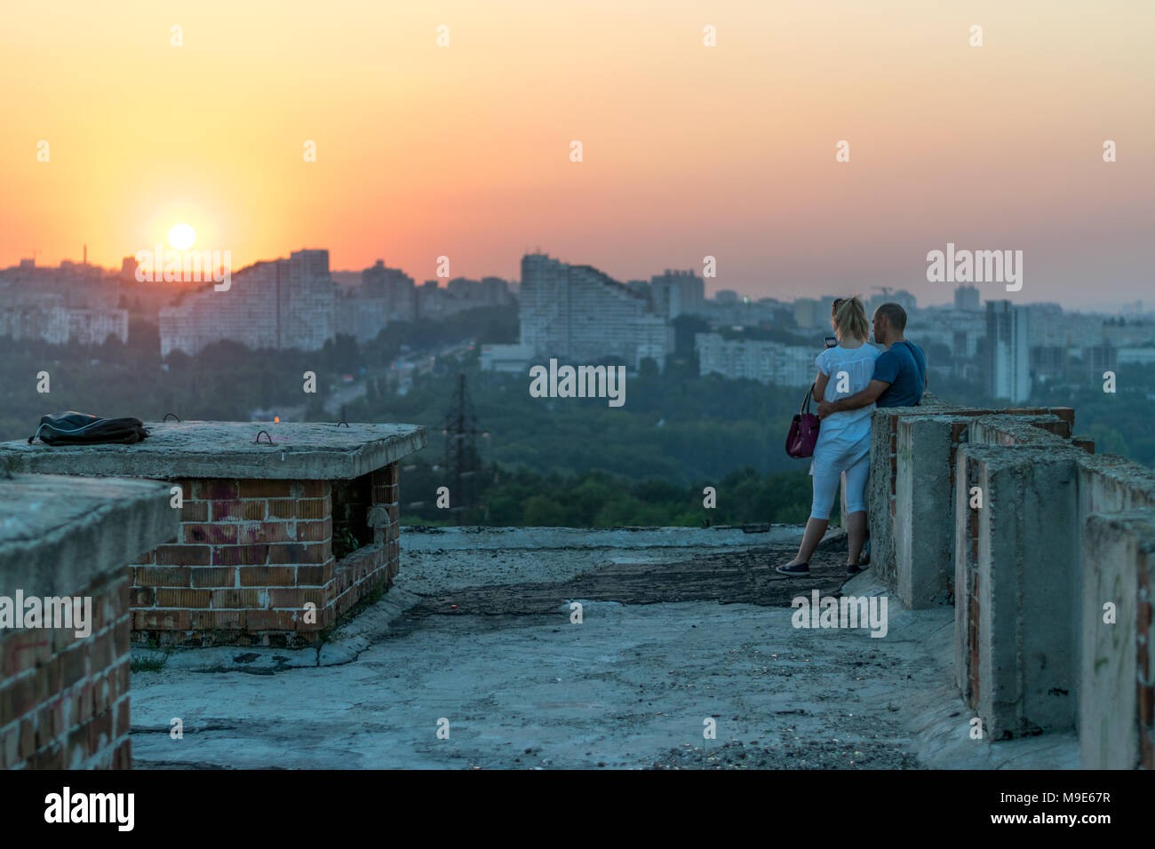 CHISINAU, MOLDOVA - 14 JULY, 2016: View from a roof to the two buildings called the Gates of the city in Chisinau Stock Photo