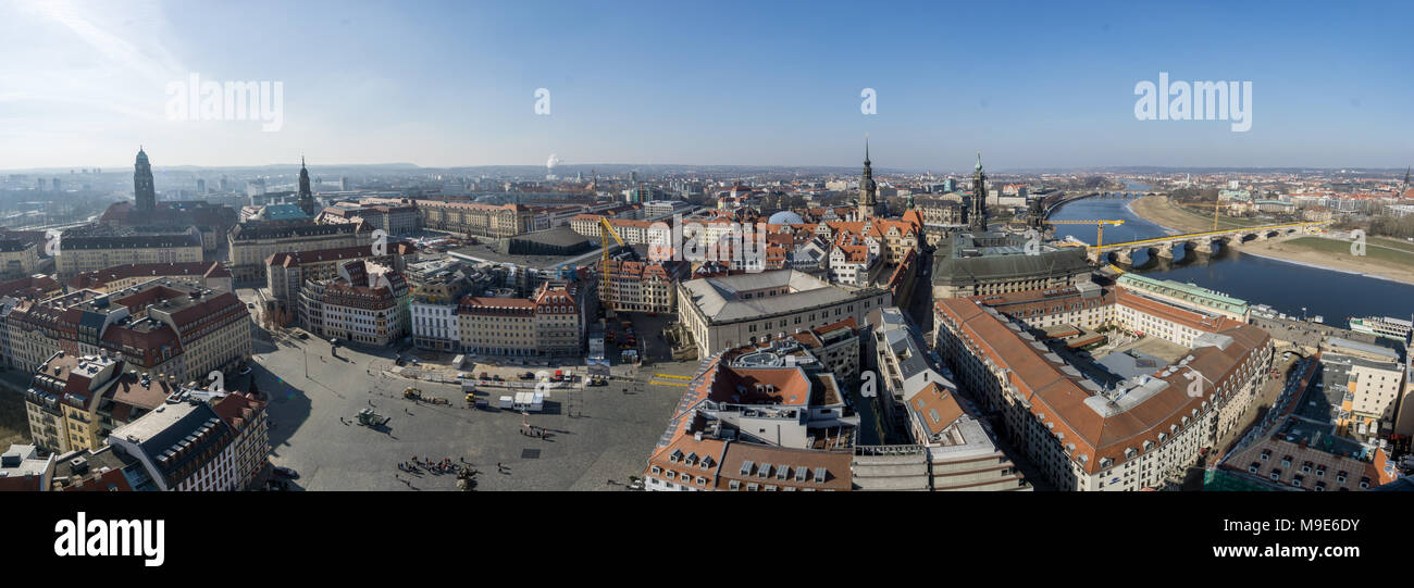 Beautiful super wide-angle sunny aerial view of Dresden. Stock Photo
