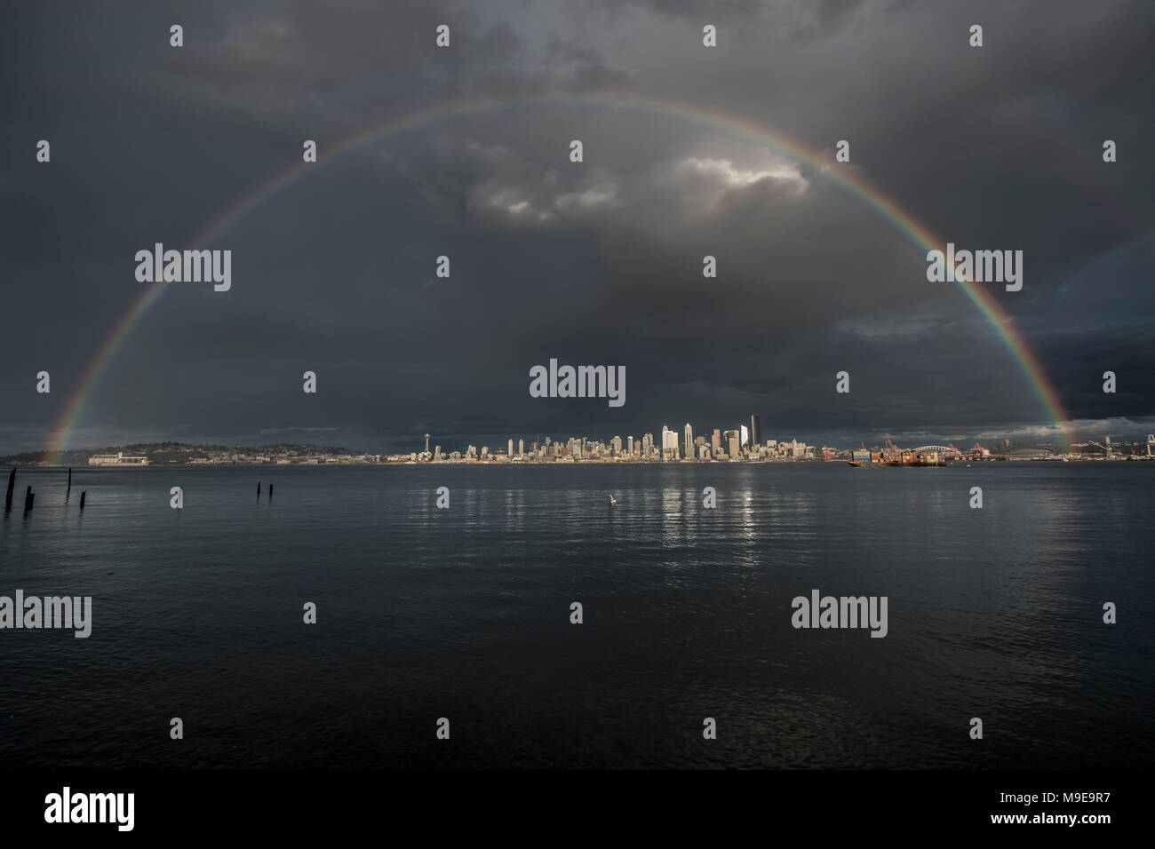 Rainbow over Seattle, Seattle, Washington, USA Stock Photo