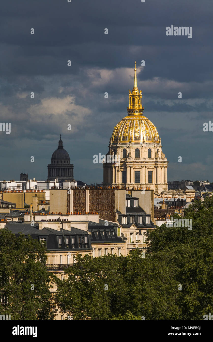 France, Paris, The two domes of Les Invalides, (near) Pantheon (far), Stock Photo
