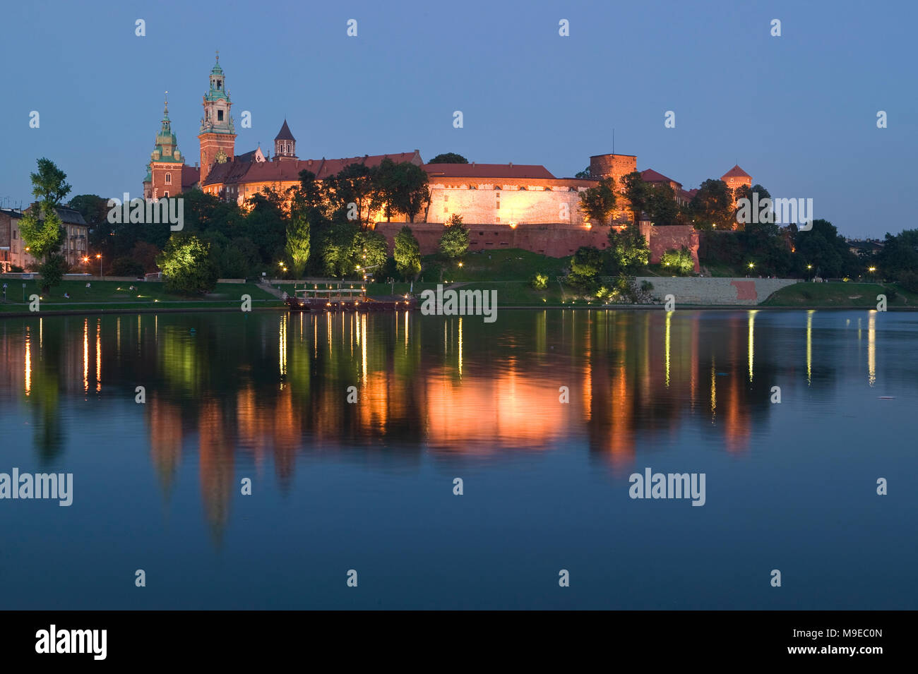 Wawel Hill with Royal Castle and Cathedral across the Vistula River, Krakow, Poland Stock Photo