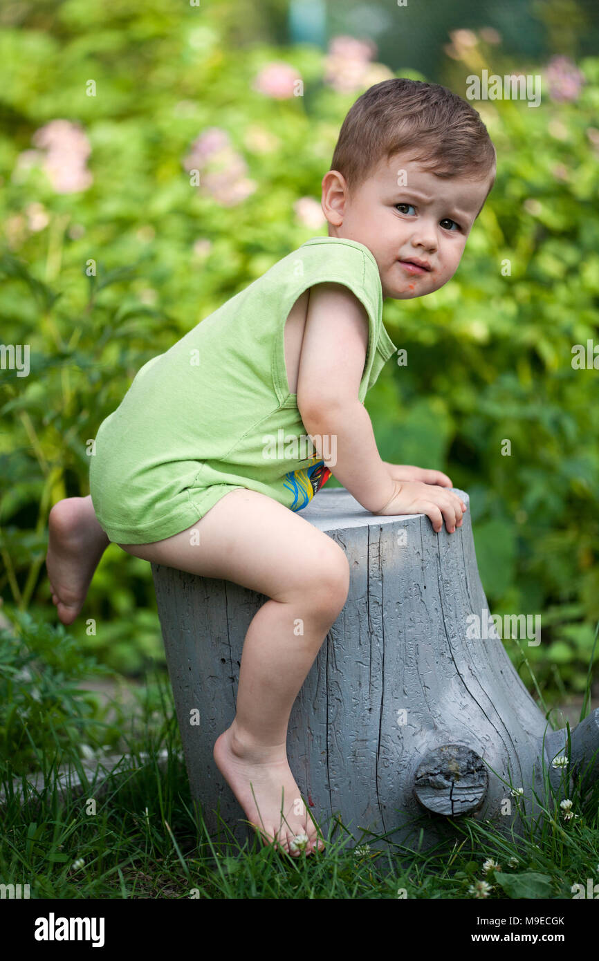 Little boy is climbing the stump Stock Photo - Alamy