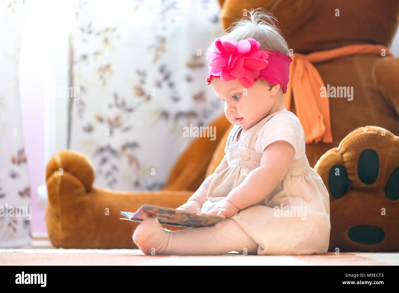 10 months old baby girl examining a book Stock Photo