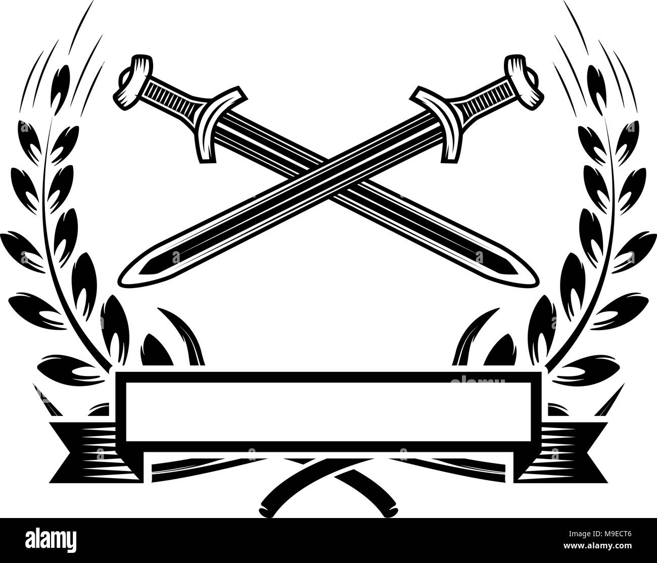 Emblem template with crossed swords. Design element for logo, label, emblem, sign. Vector illustration Stock Vector