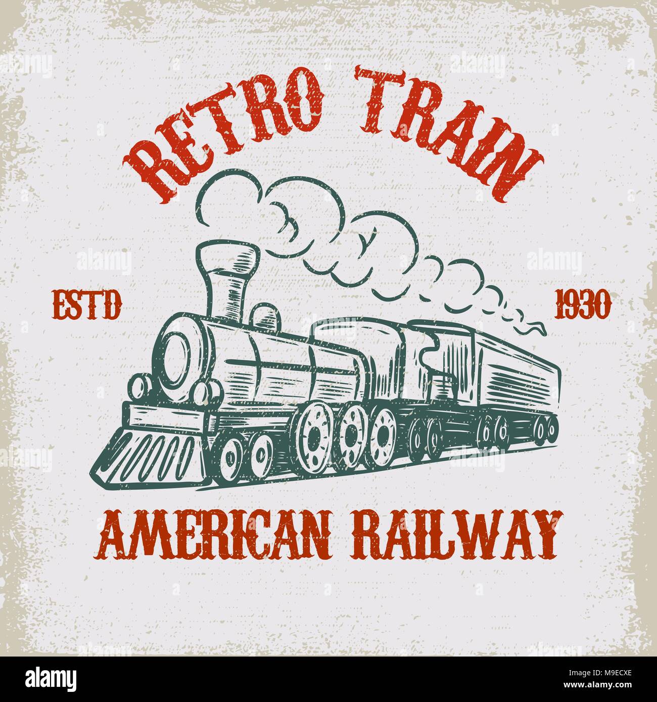 Retro train. Vintage locomotive illustration on grunge background