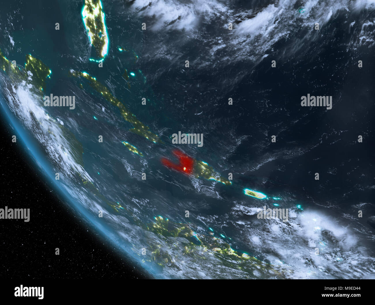 Haiti at night highlighted in red on planet Earth with clouds. 3D ...