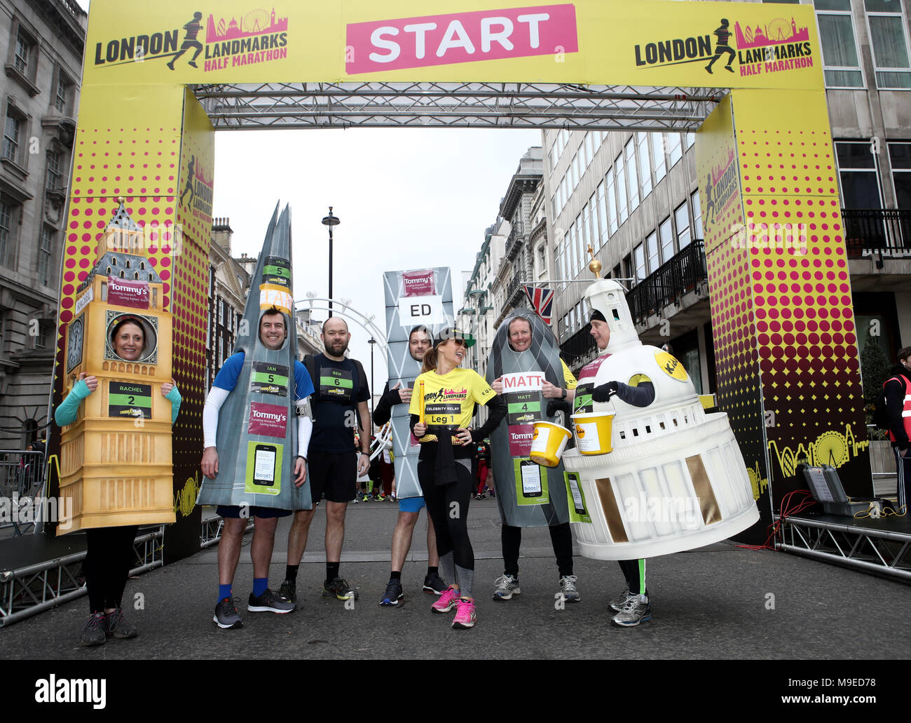 Rachel Harris, Edward Brown, Trevor Dawd, Matthew Clare, Ian Houston, Ben Goodberry in fancy dress as various London Landmarks pose for a photo with Amanda Holden at the start of the 2018 London Landmarks Half Marathon. PRESS ASSOCIATION Photo. Picture date: Sunday March 25, 2018. Photo credit should read: John Walton/PA Wire Stock Photo