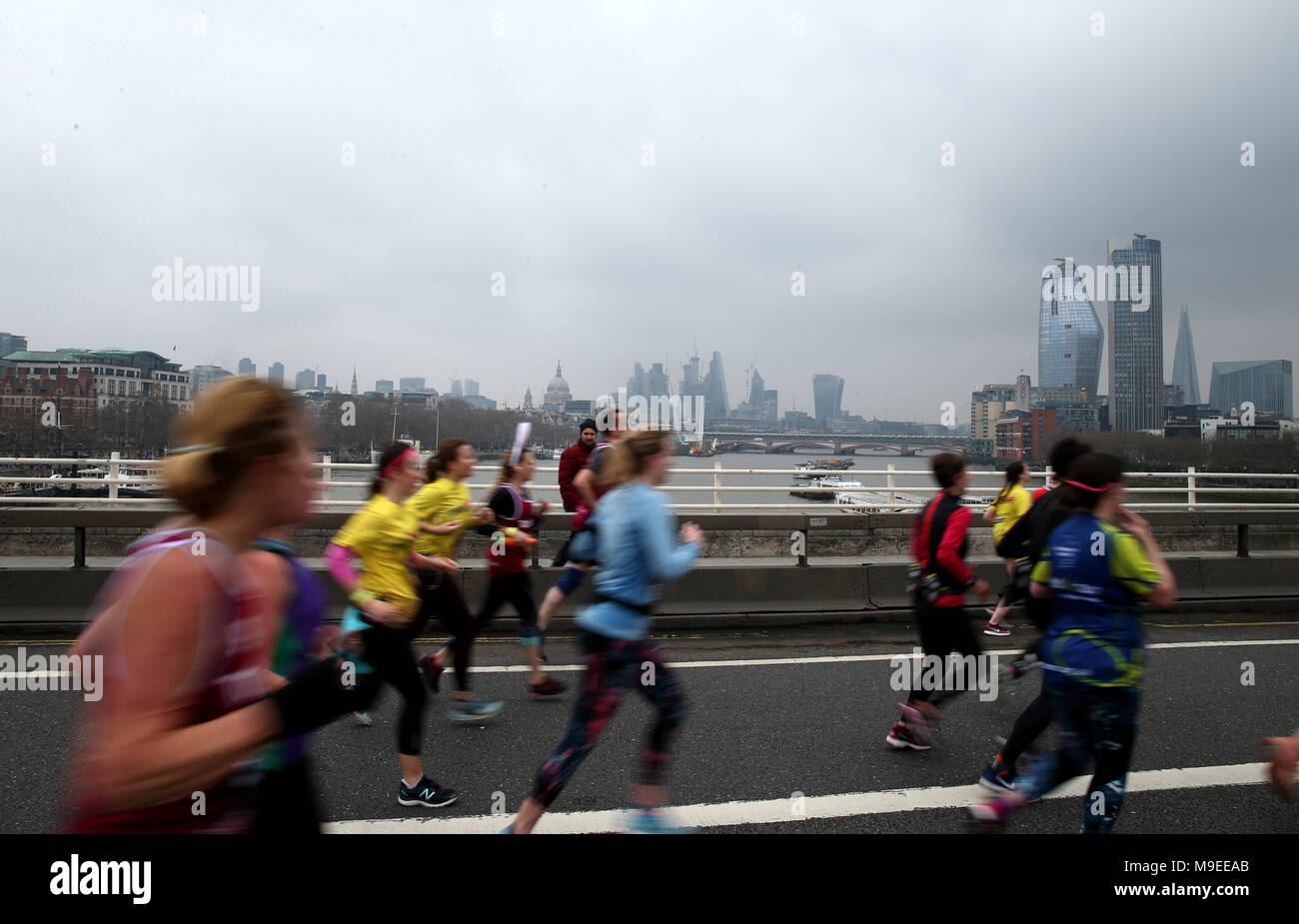 Runners in action on Waterloo Bridge during the 2018 London Landmarks Half Marathon. PRESS ASSOCIATION Photo. Picture date: Sunday March 25, 2018. Photo credit should read: Steven Paston/PA Wire Stock Photo