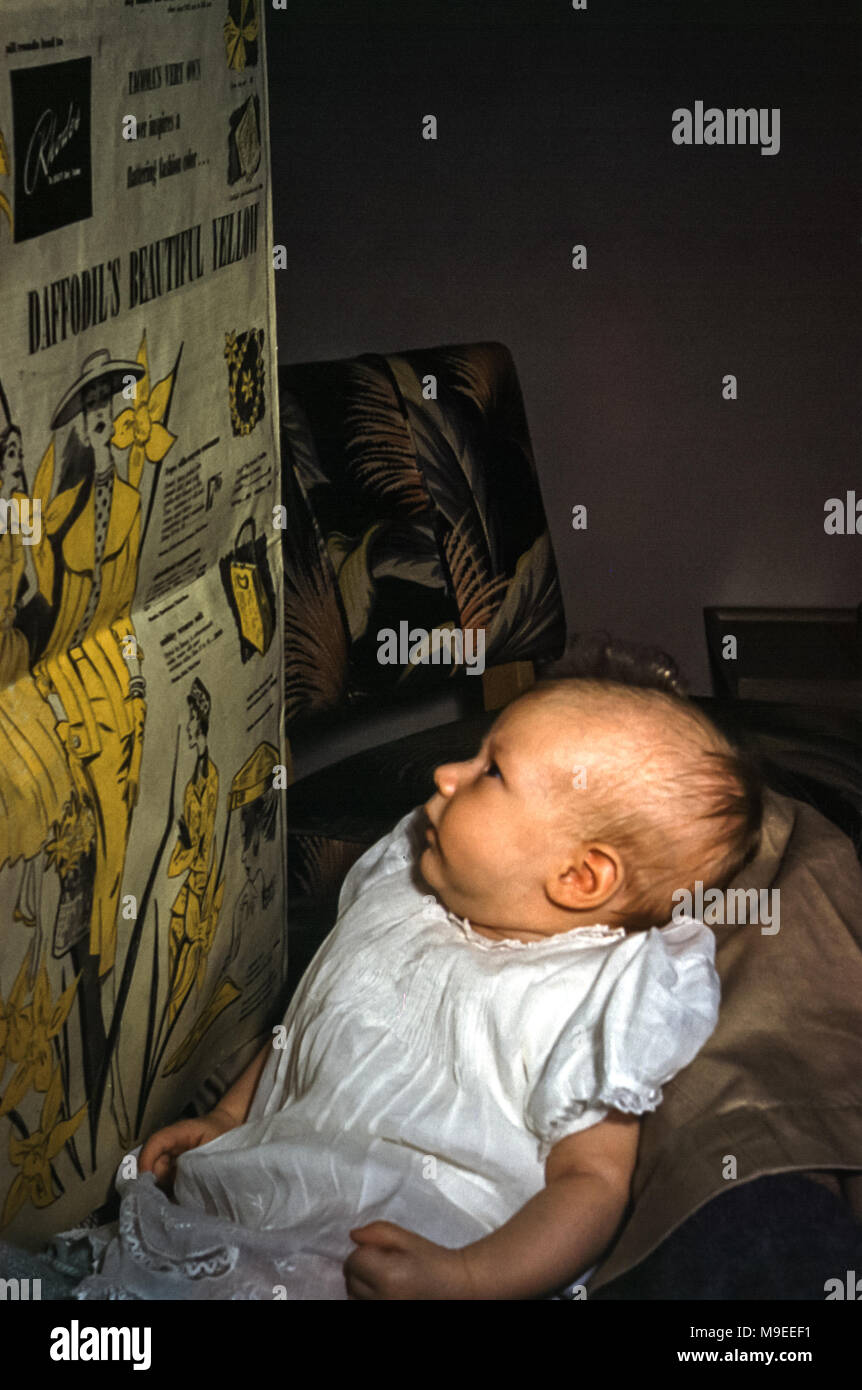 Young baby girl, 3 months old, in white dress, staring at colourful pictures in an American newspaper in 1950s Stock Photo