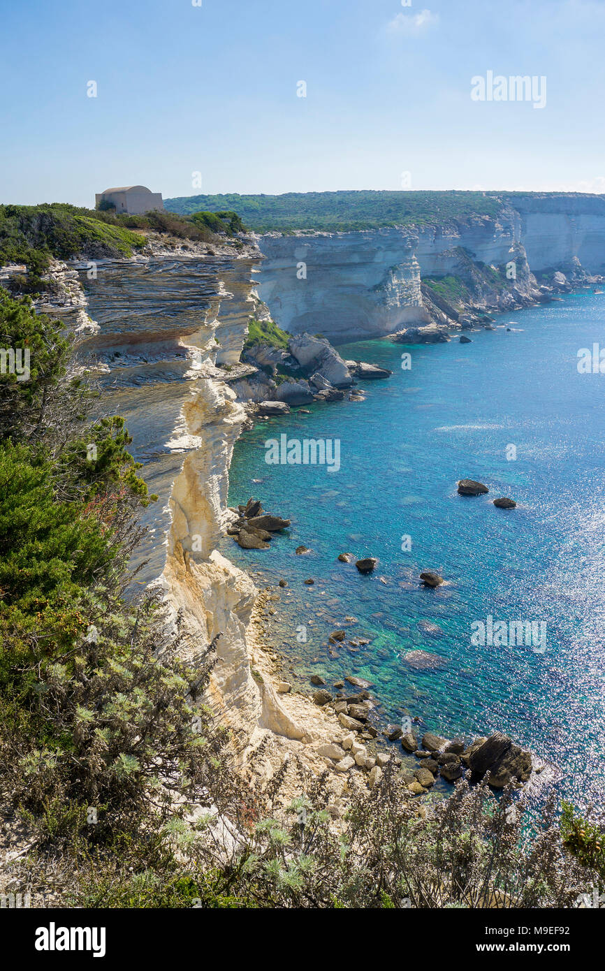 The chalkstone cliff at Bonifacio, Corsica, France, Mediterranean, Europe Stock Photo