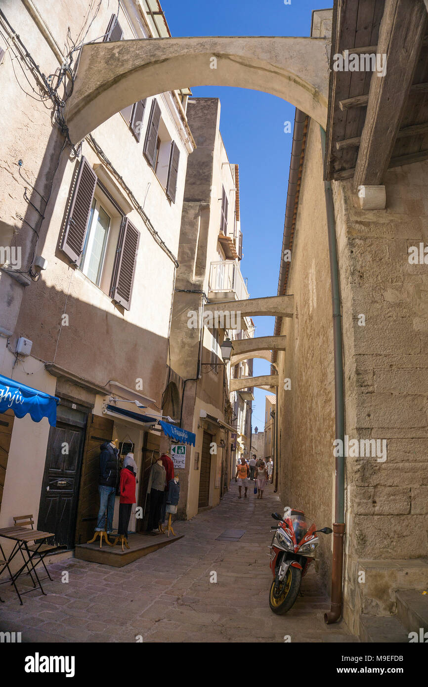 Medieval narrow alley at upper town, old town of Bonifacio, Corsica, France, Mediterranean, Europe Stock Photo