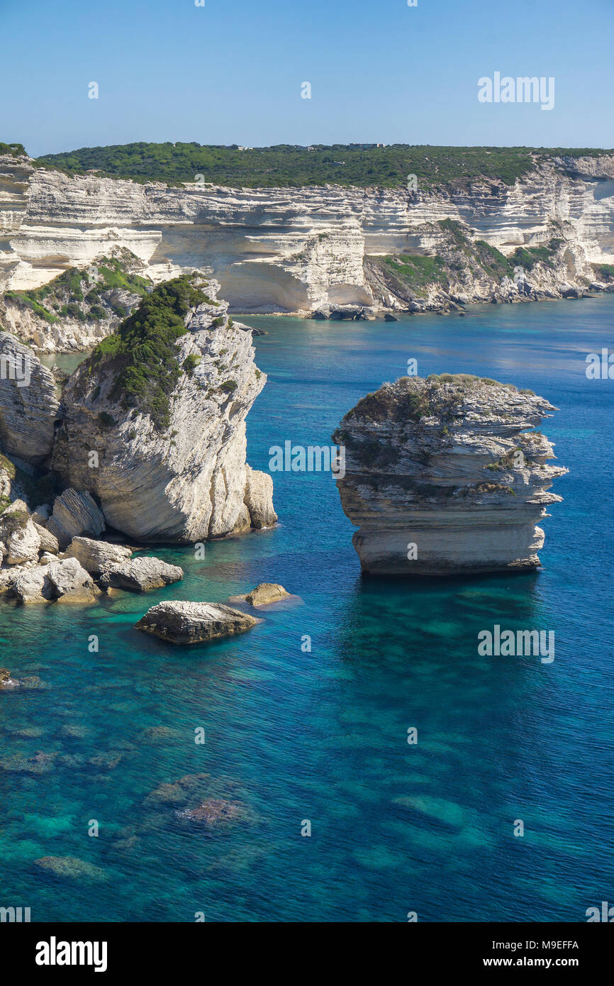 Limestone spires at chalkstone cliff, Bonifacio, Corsica, France, Mediterranean, Europe Stock Photo