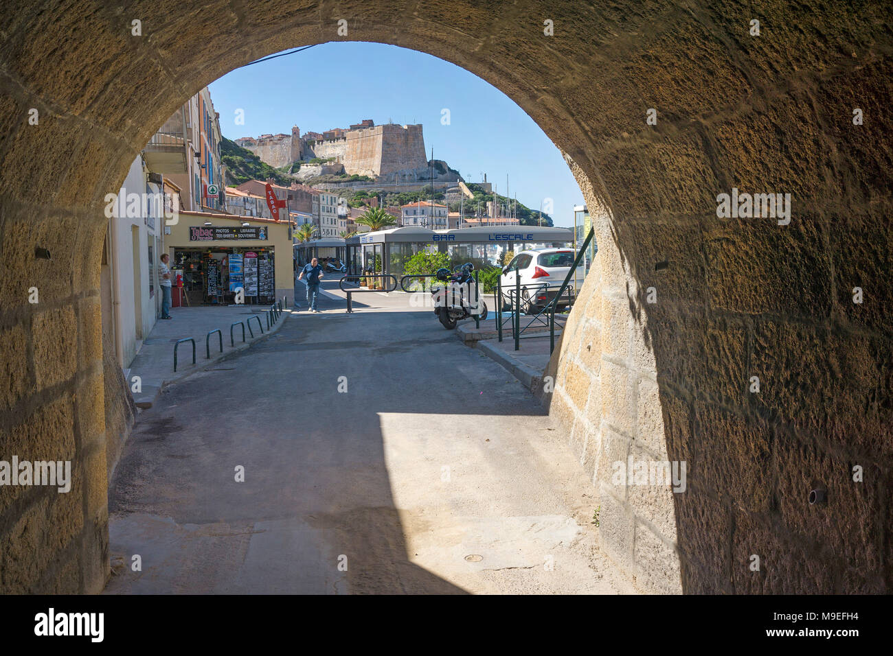 View fom a passage on harbour promenade and citadel of Bonifacio, Corsica, France, Mediterranean, Europe Stock Photo
