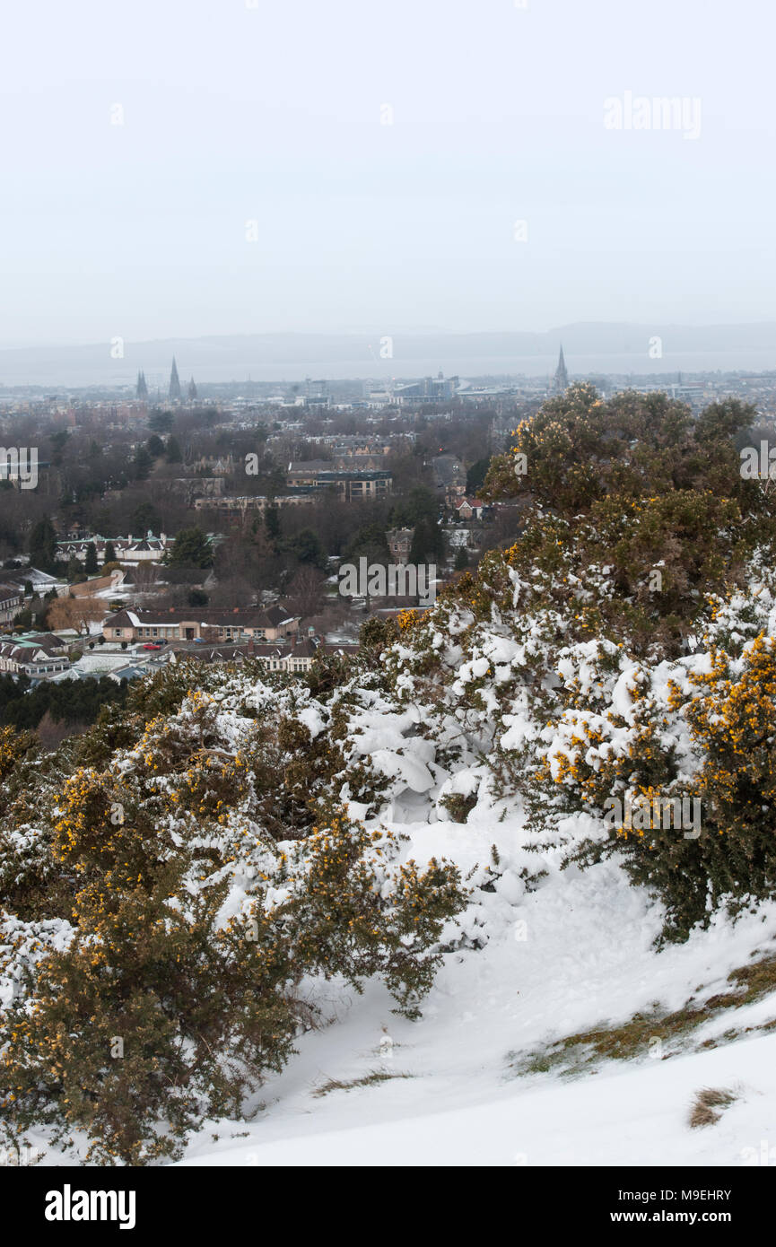 A view from high above Edinburgh in half light with Edinburgh Castle