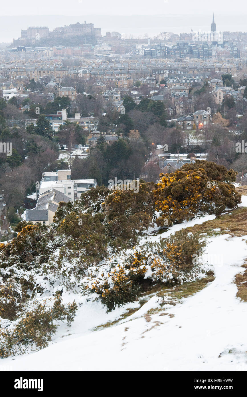 A view from high above Edinburgh in half light with Edinburgh Castle