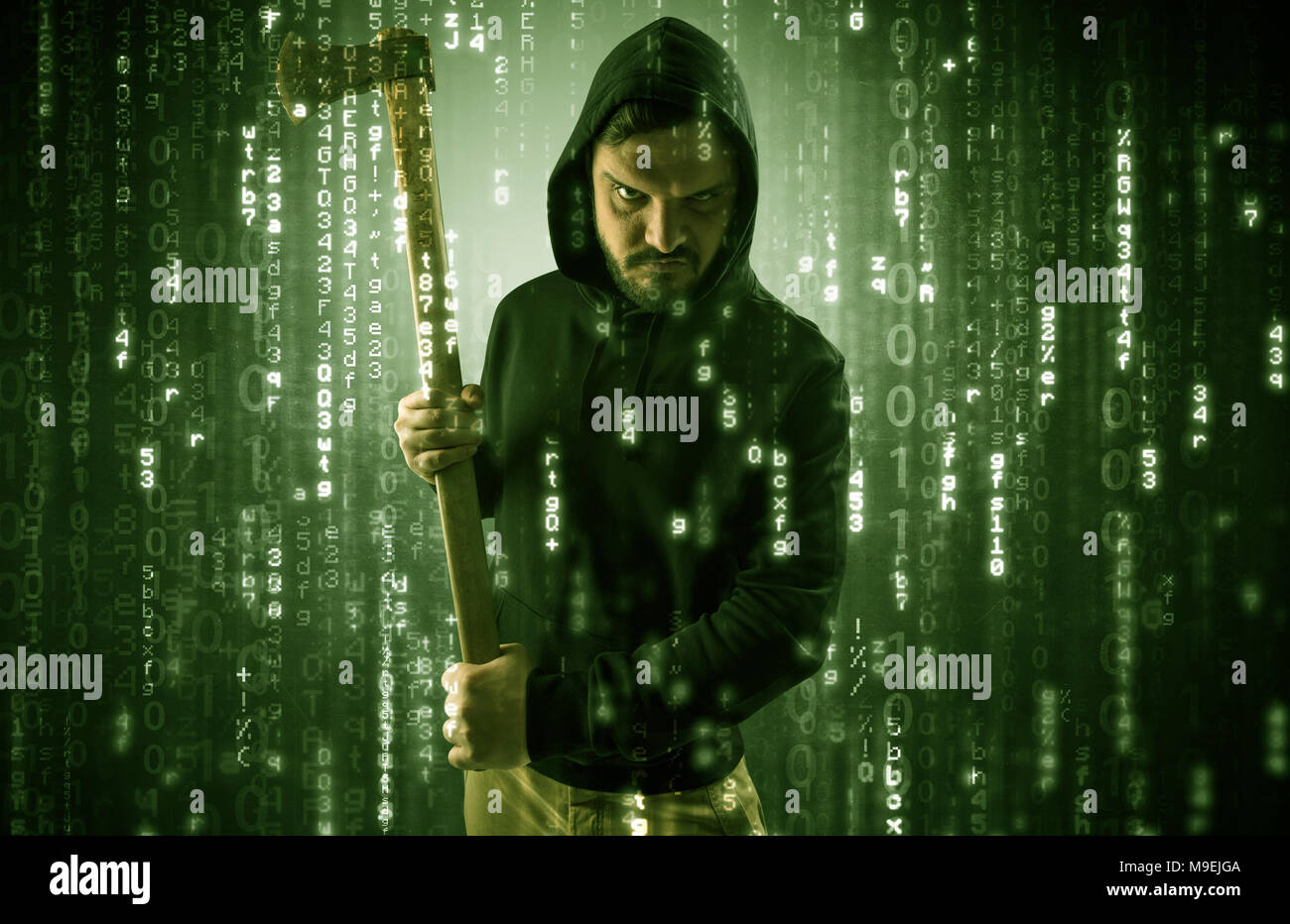 Masked and armed anonymous hacker breaking in cyber security cloud data concept Stock Photo
