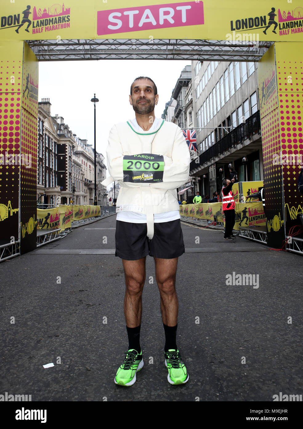 Pardip who will be running the 2018 London Landmarks Half Marathon in a straight jacket poses for a photo. PRESS ASSOCIATION Photo. Picture date: Sunday March 25, 2018. Photo credit should read: John Walton/PA Wire Stock Photo