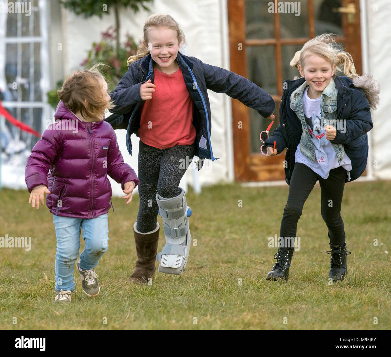 Zara and Mike Tindall's daughter Mia (left) with her cousins Savannah  Phillips and Isla Phillips(right) at the Gatcombe Horse Trials at Gatcombe  Park in Gloucestershire Stock Photo - Alamy