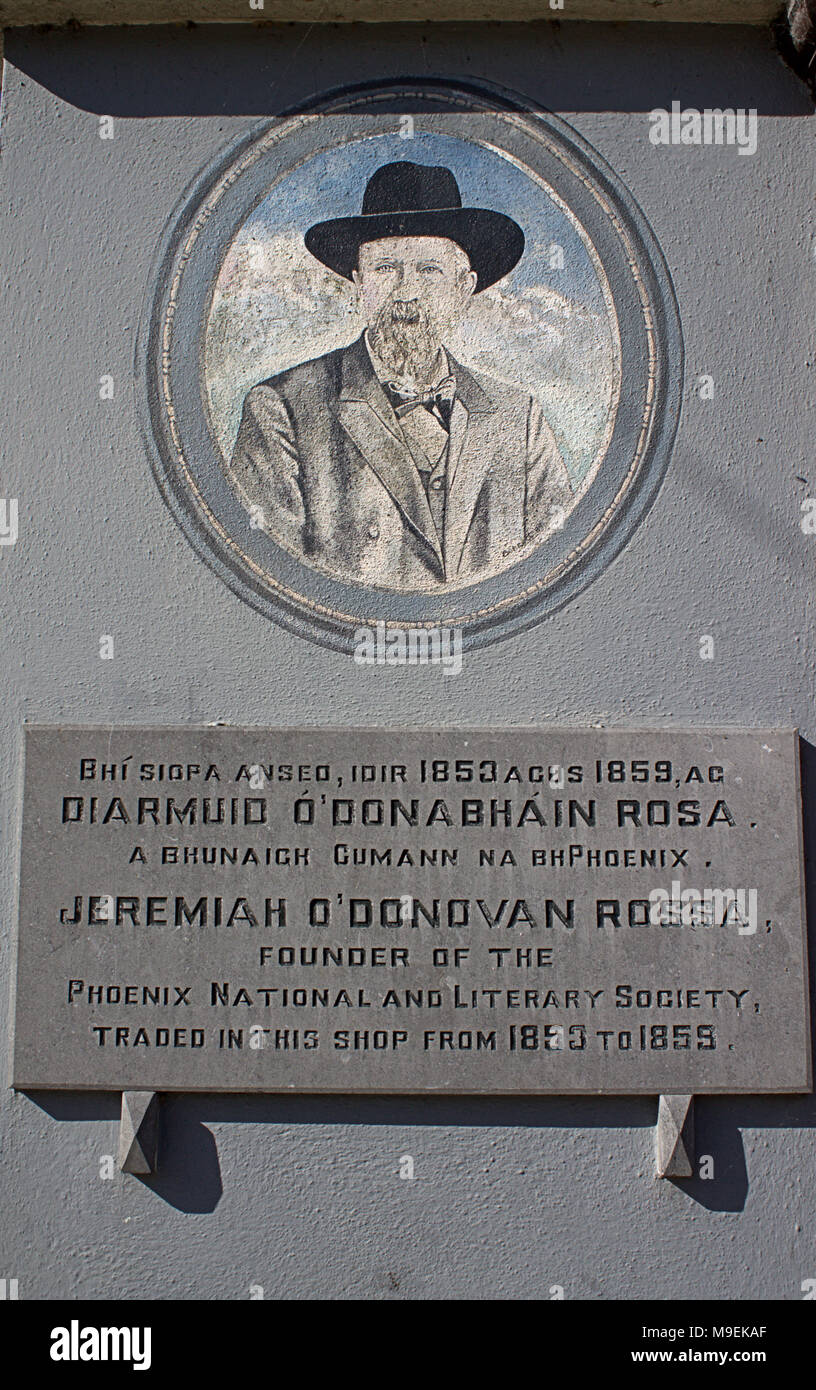 plaque of Jeremiah O'Donovan Rossa a fenian leader, skibbereen, ireland. Skibbereen is a popular tourist town and holiday destination Stock Photo