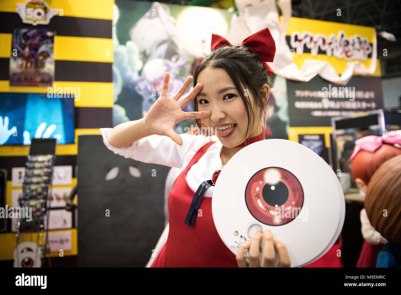 Saturday. 24th Mar, 2018. TOKYO, JAPAN - MARCH 24 : A cosplayer dressed as  the character Neko Musume from movie GeGeGE no Kitaro poses for a photo at  the both of Toei
