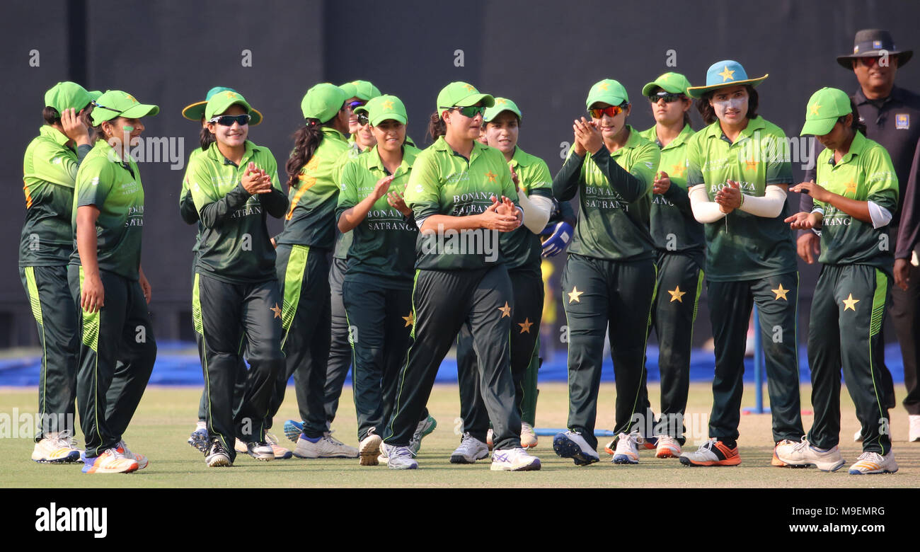Sri Lanka, 23 Mar 2018. Pakistan’s team celebrates winning during the Women's One Day International match between Sri Lanka at Rangiri Dambulla International Stadium Sri Lanka on March 24, 2018. Credit: Lahiru Harshana/Alamy Live News Stock Photo