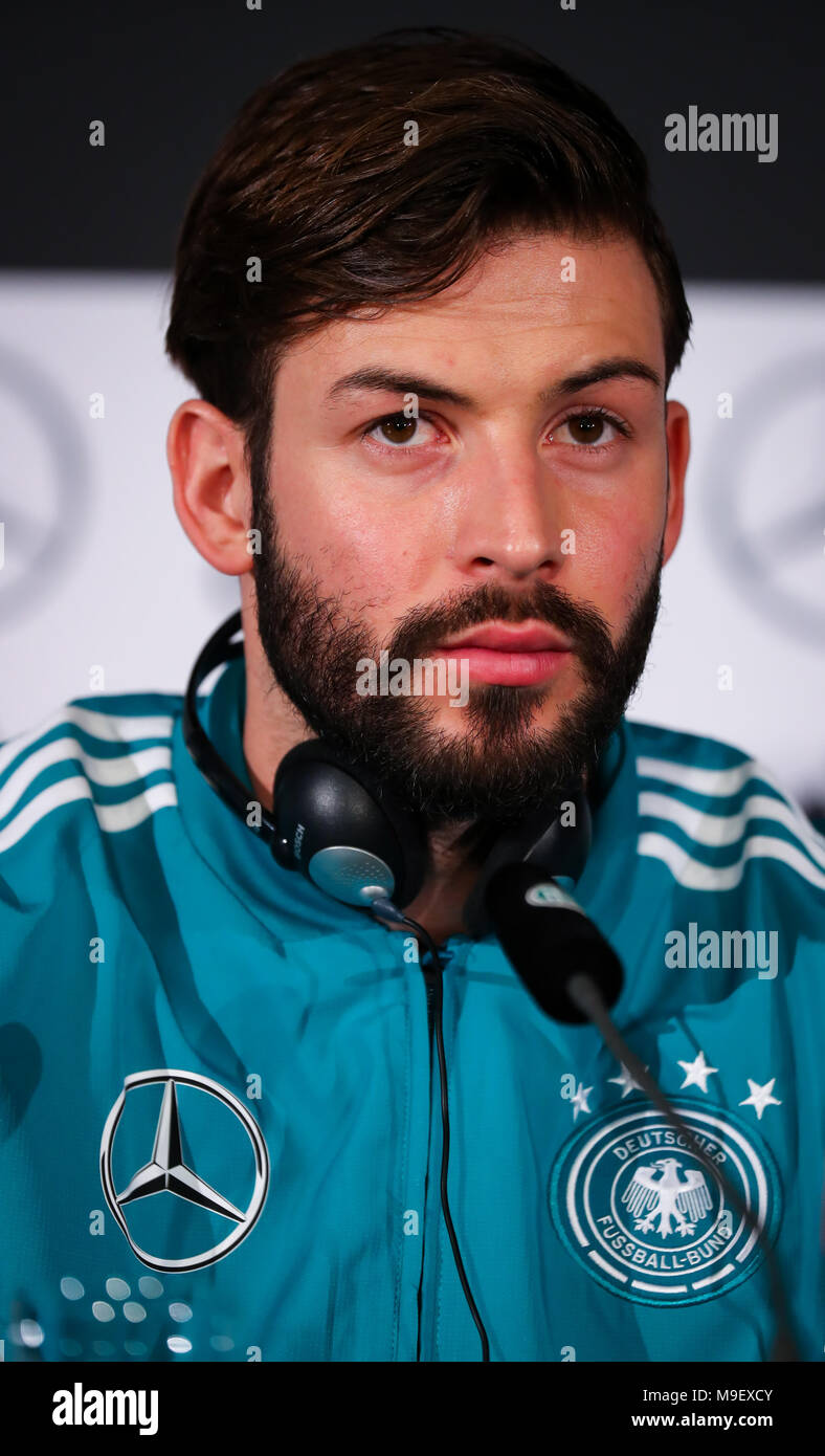 25 March 2018, Germany, Berlin: The German national team gives a press conference shortly before their game against Brazil. Player Marvin Plattenhardt appears on stage. Photo: Christian Charisius/dpa Stock Photo