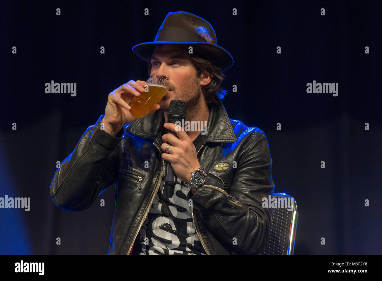 Bonn, Germany, 24 Mar 2018. Actor Ian Somerhalder (The Vampire Diaries, LOST, Smallville), drinking german beer at MagicCon, a three-day (March 23-25 2018) fantasy & mystery fan convention. Credit: Markus Wissmann/Alamy Live News Stock Photo