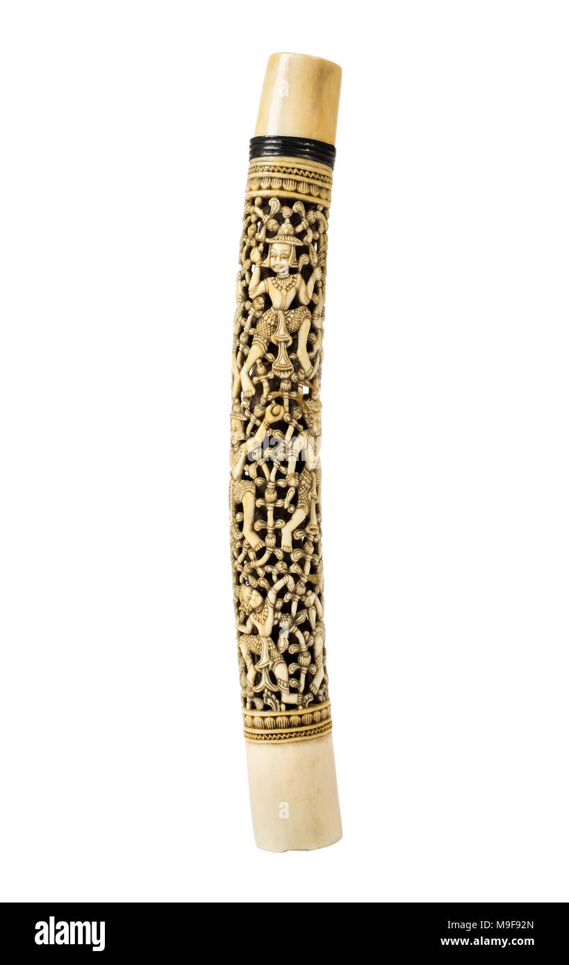 Antique 19th century finely carved ivory Dha handle from Burma (present day Myanmar). The Burmese word Dha means knife. Stock Photo
