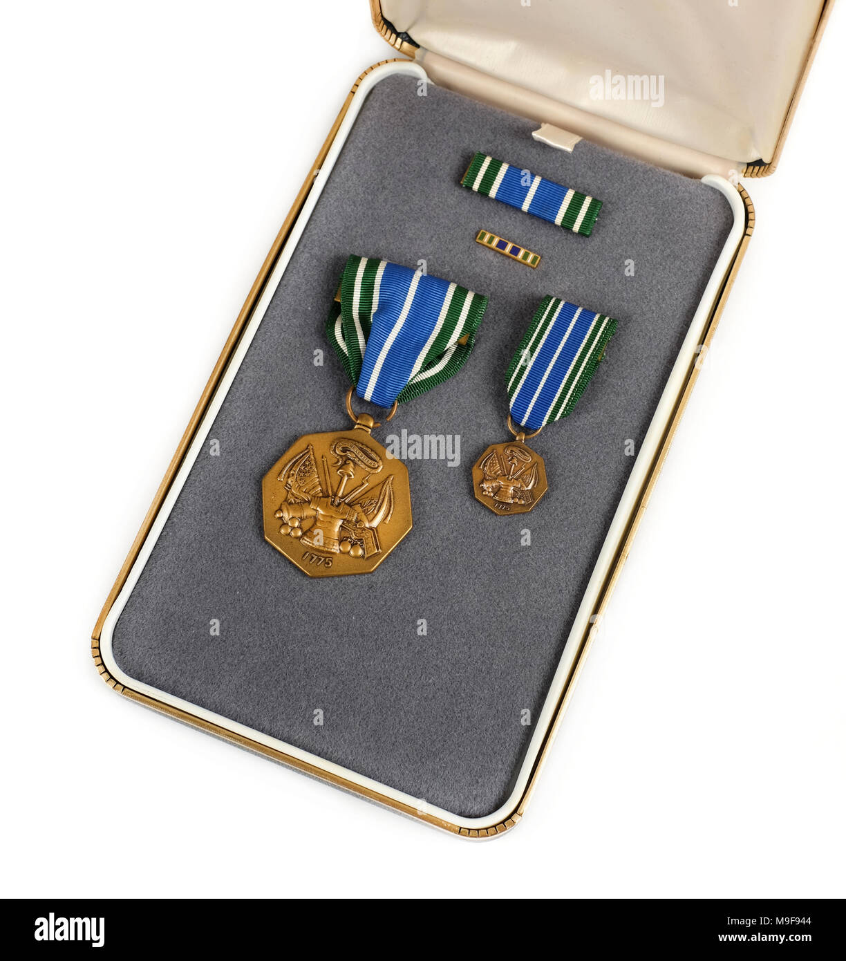 US Army Achievement Medal in case of issue. It is issued by the US Armed Forces to recognize the contributions of junior officers and other personnel. Stock Photo