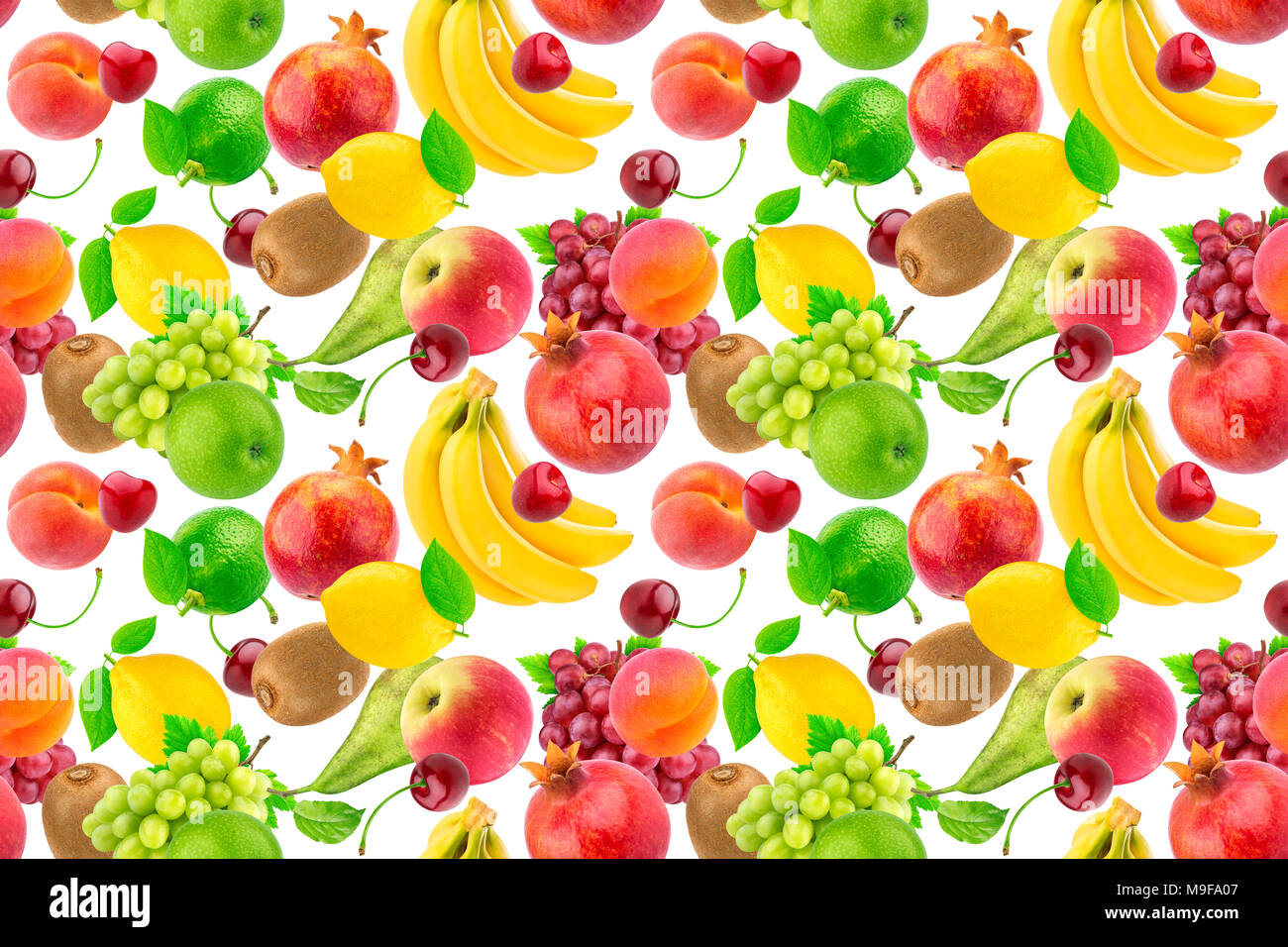 Seamless pattern of different fruits and berries. Flying tropical fruits isolated on white background Stock Photo