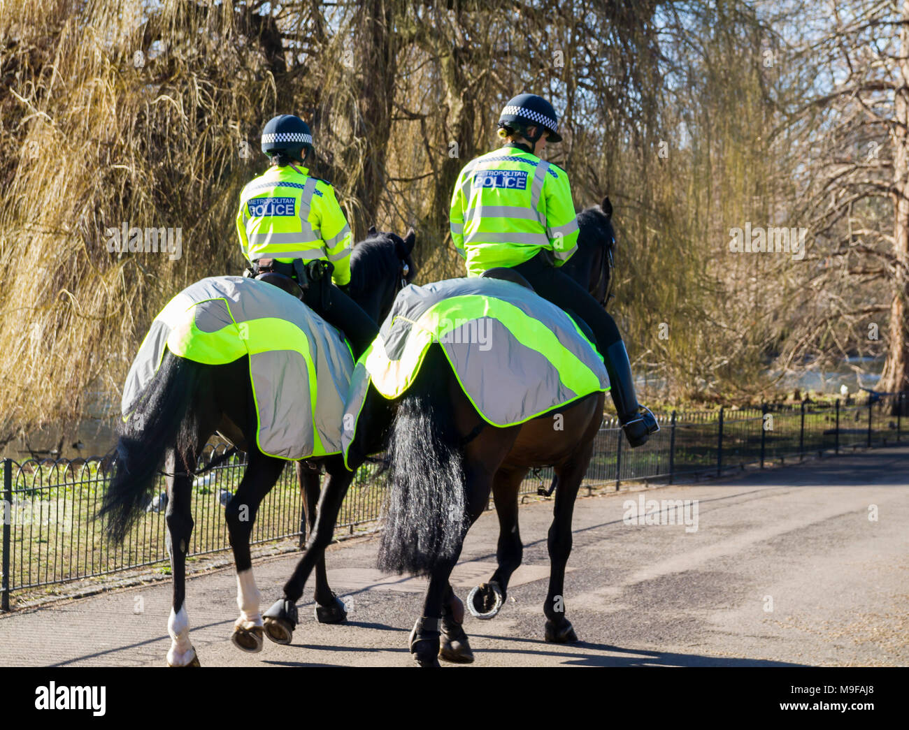 Metropolitan Police Horseback, mounted police officers patrolling Central London police uk police old bill britain british concept bobbys bobbies pair Stock Photo
