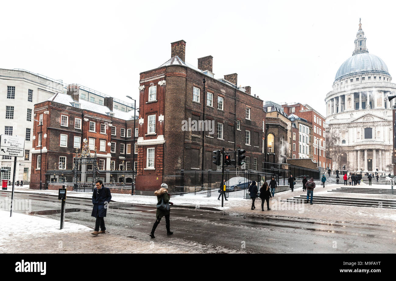 The College of Arms and St. Paul's Cathedral seen from Queen Victoria street, in winter, London, EC2, England, UK. Stock Photo