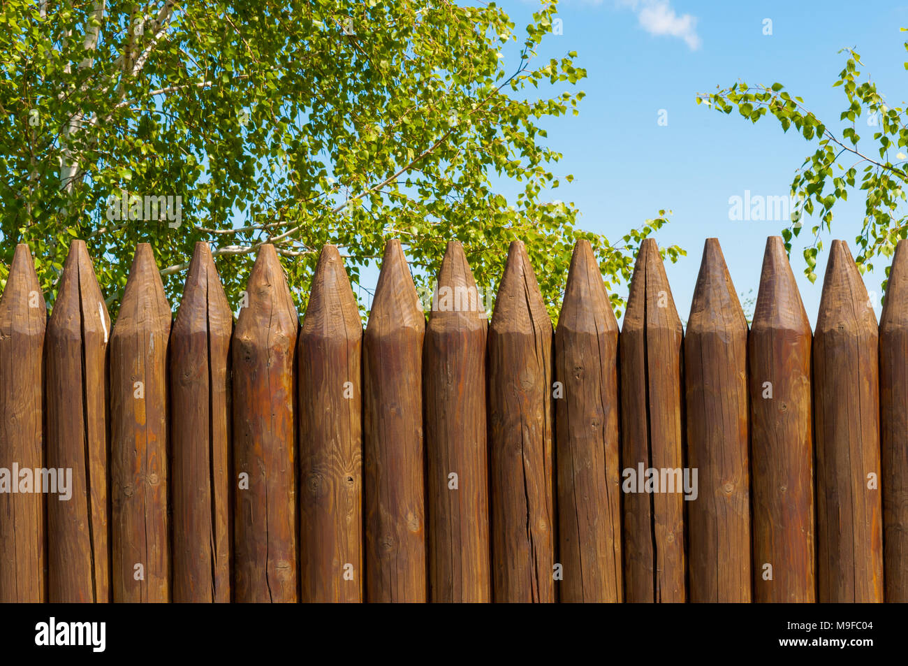 Old wooden fence and trees on the lake coast, Russian landscape Stock ...