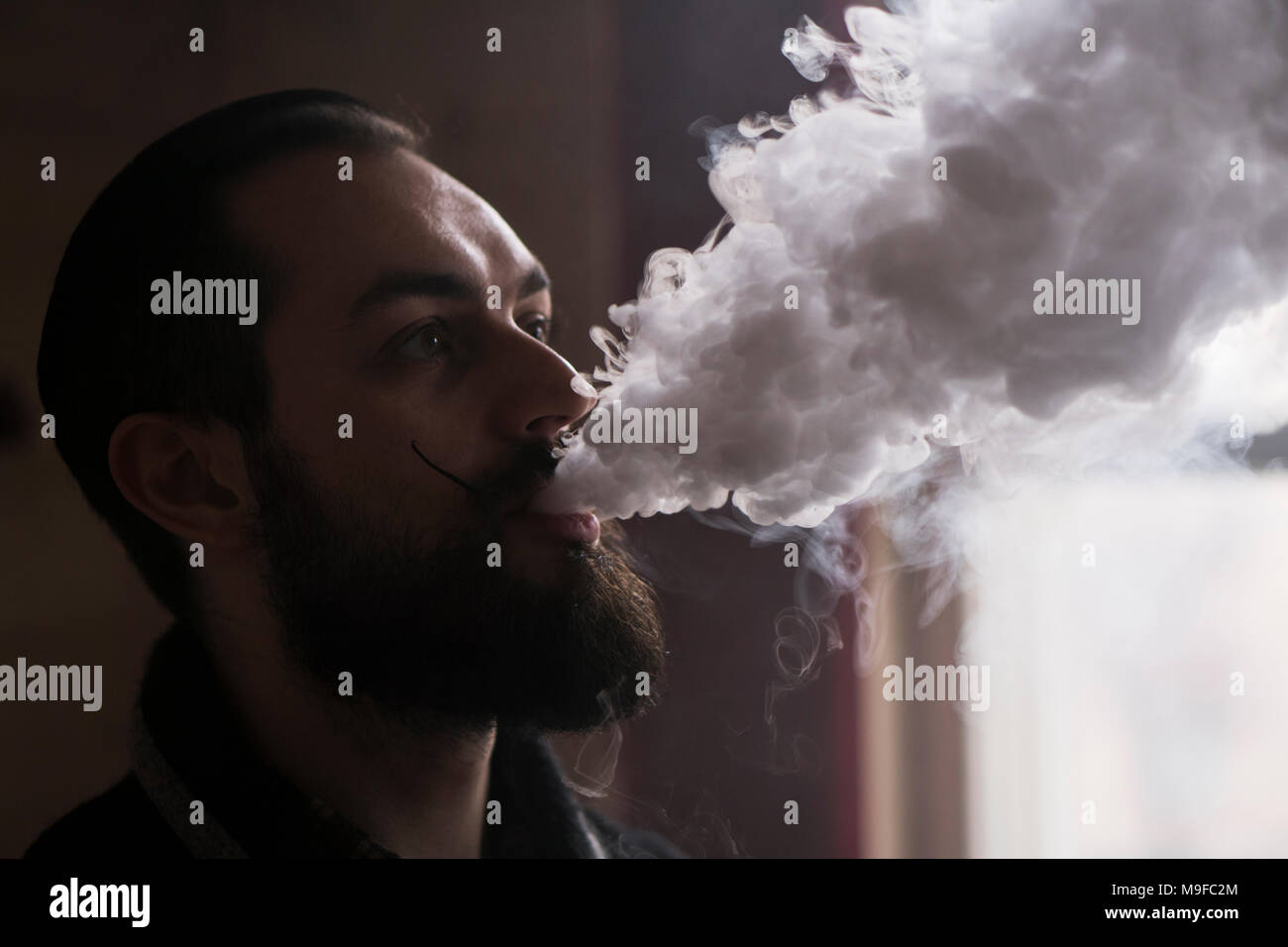 Man with Beard and Mustages Vaping an Electronic Cigarette. Vaper Hipster Smoke Vaporizer and Exhals Smoke Cloud. Stock Photo