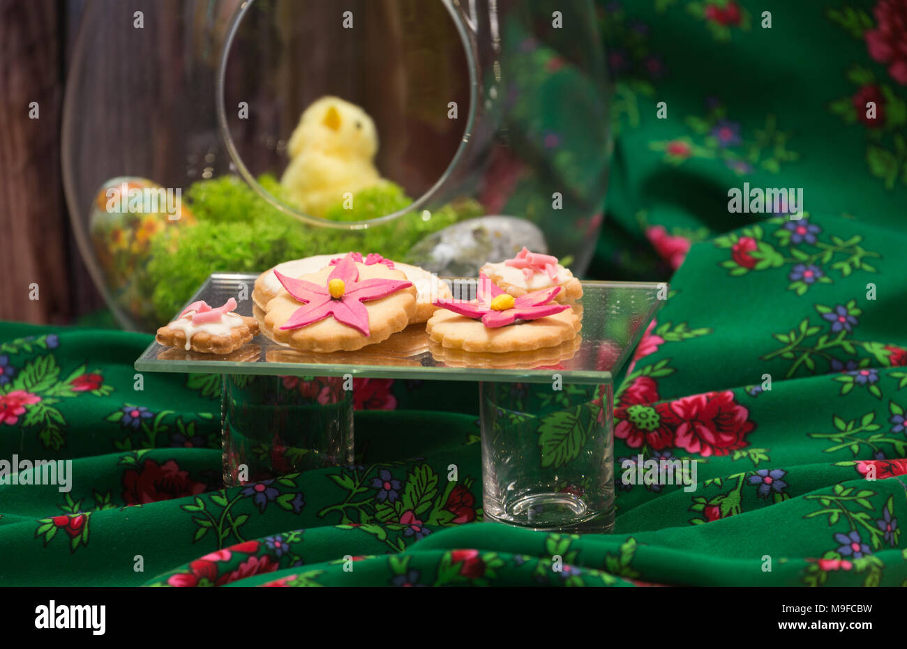 happy easter, festive chicken and sweets Stock Photo