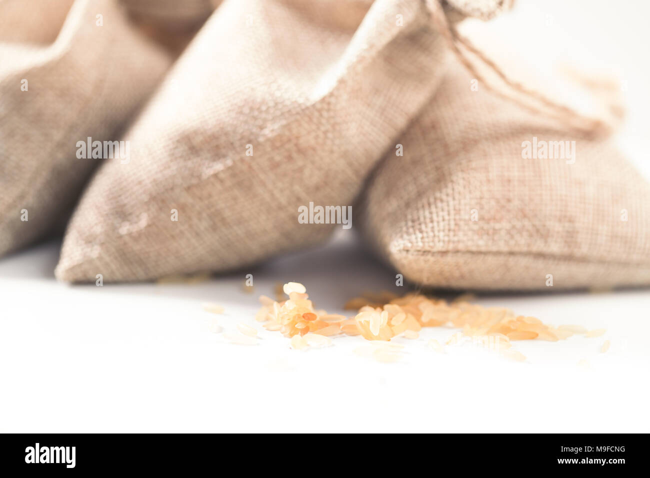 The filled bags and scattered rice. A close up, selective focus on a white background Stock Photo