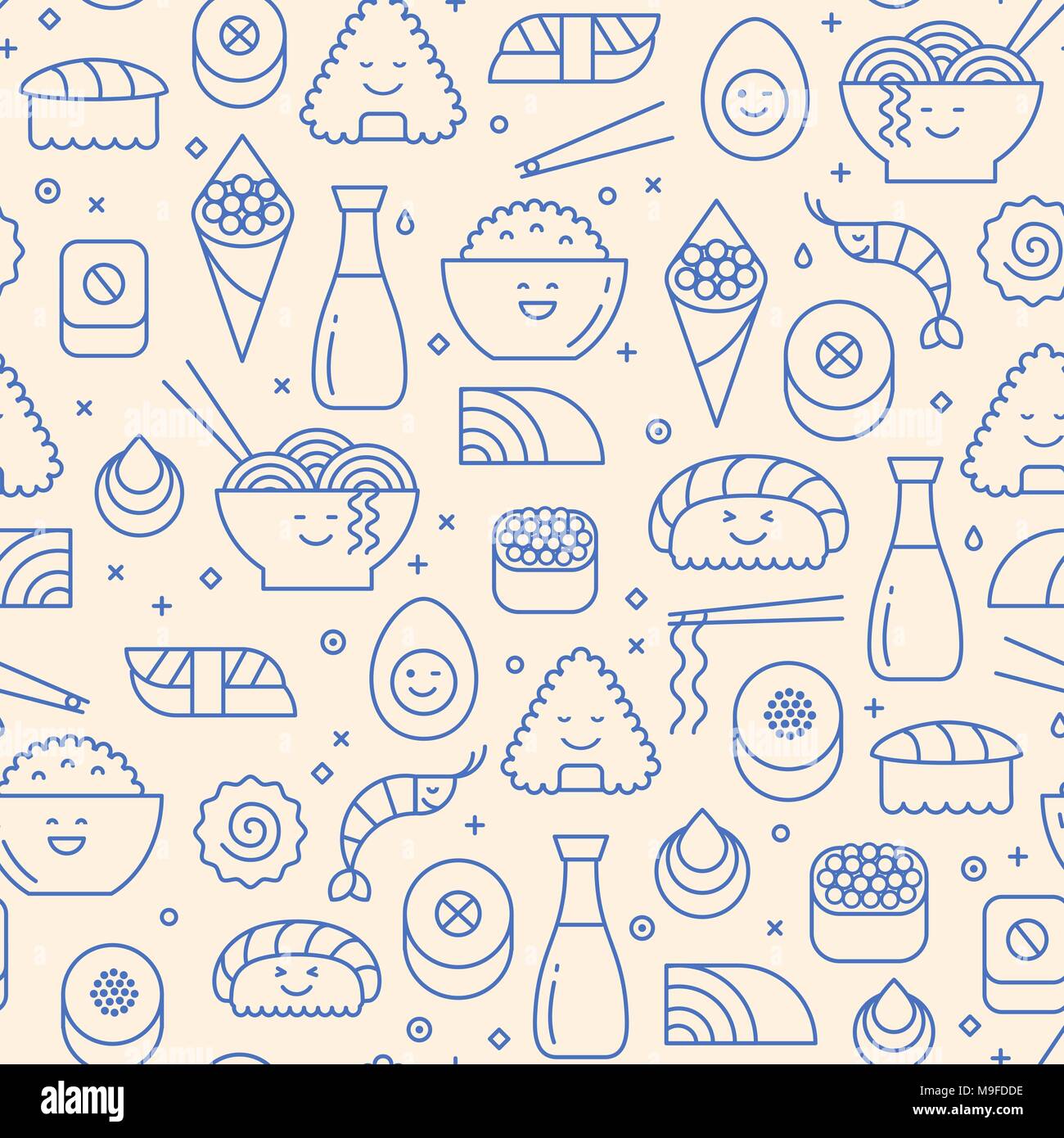 Vector seamless pattern with Japanese cuisine like sushi, rice, rolls and fish. Blue icons on beige background. Smiling faces, kawaii in line art. Stock Vector