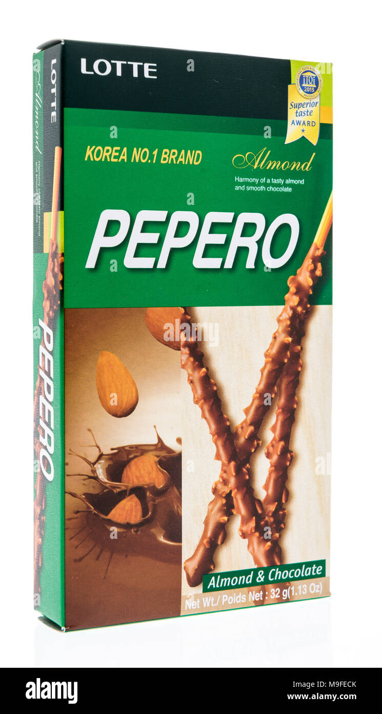 Winneconne, WI - 27 February 2018: A box of Pepero almond chocolate stick biscuit on an isolated background. Stock Photo