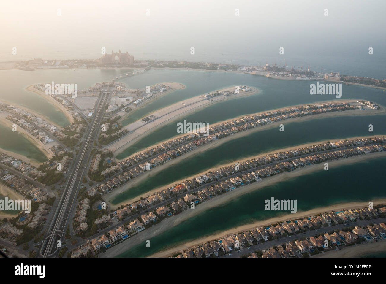 Aerial photo of The Palm Jumeirah in Dubai, UAE at dusk Stock Photo
