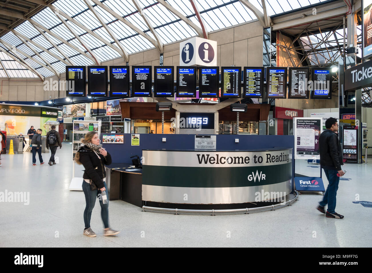 Departure boards at the information desk at Reading Railway Station in
