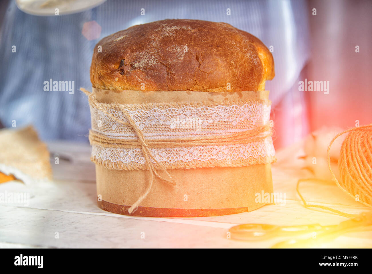 Easter cake on the table, sunlight from the window Stock Photo