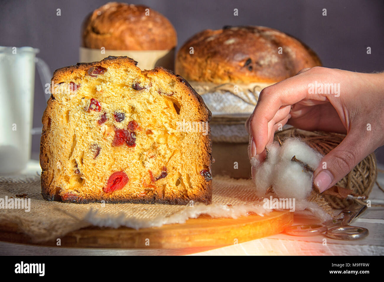 Easter cake on the table, sunlight from the window Stock Photo